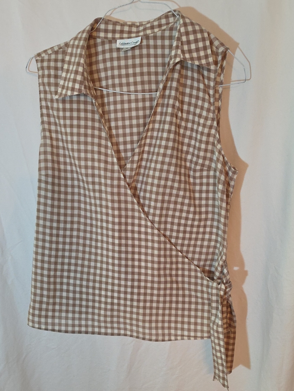 Coldwater Creek Brown and Cream Gingham Wrap Sleeveless Blouse